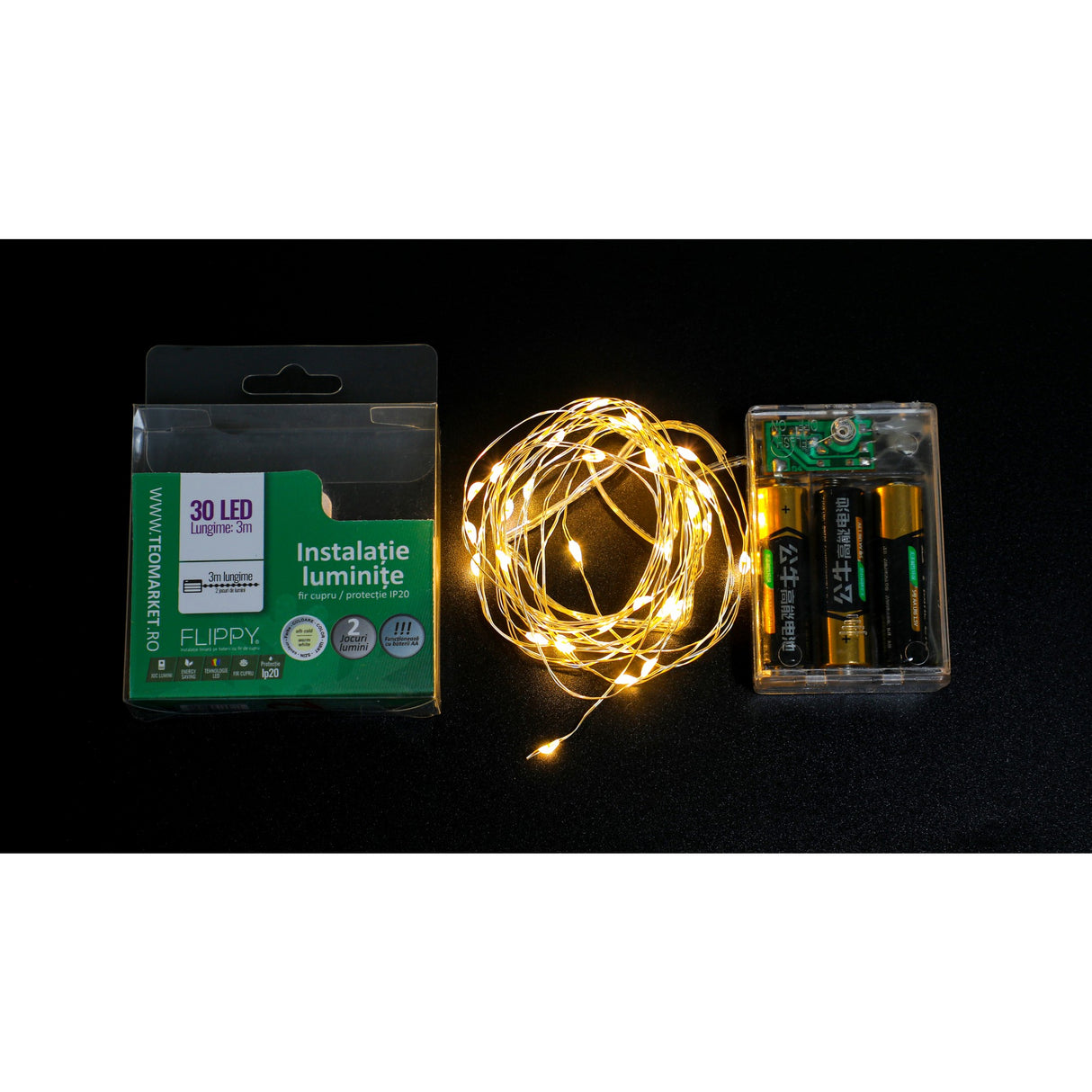 Instalatie De Craciun Cu Baterii Tip Liniar, 2 Jocuri De Lumini, Fir Cupru 3 M 30 Led -Uri