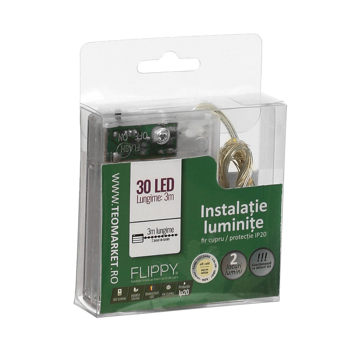 Instalatie De Craciun Cu Baterii Tip Liniar, 2 Jocuri De Lumini, Fir Cupru 3 M 30 Led -Uri