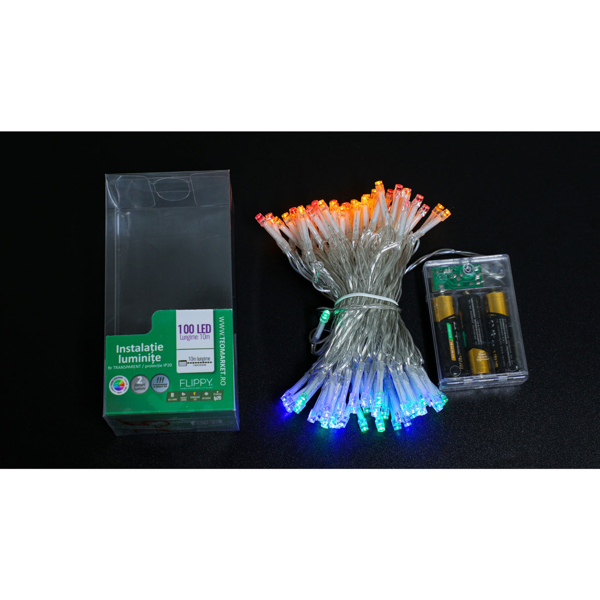 Karácsonyi elemes lineáris fényfüzér, 2 db világító szett, 10 m vezeték, 100 LED, többszínű