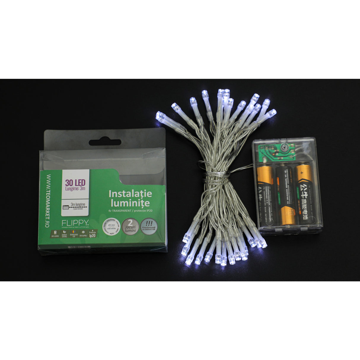 Instalatie De Craciun Cu Baterii Tip Liniar, 2 Jocuri De Lumini, Fir 3 M 30 Led -Uri, Alb Rece