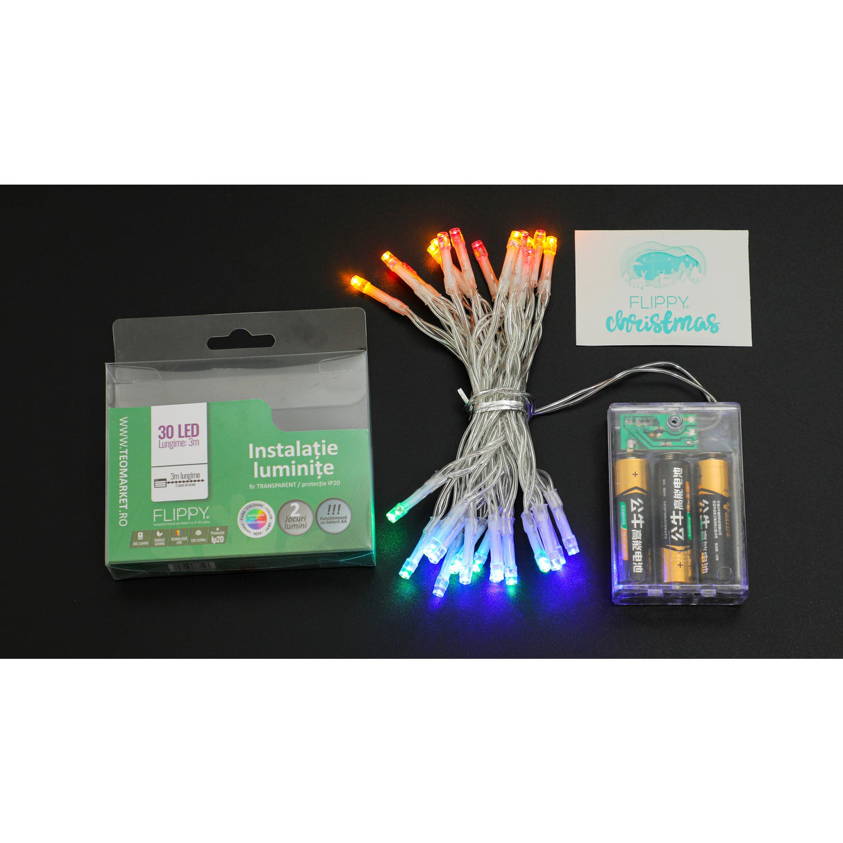 Karácsonyi elemes lineáris típus, 2 fényeffektus, 3 m vezeték, 30 LED, többszínű