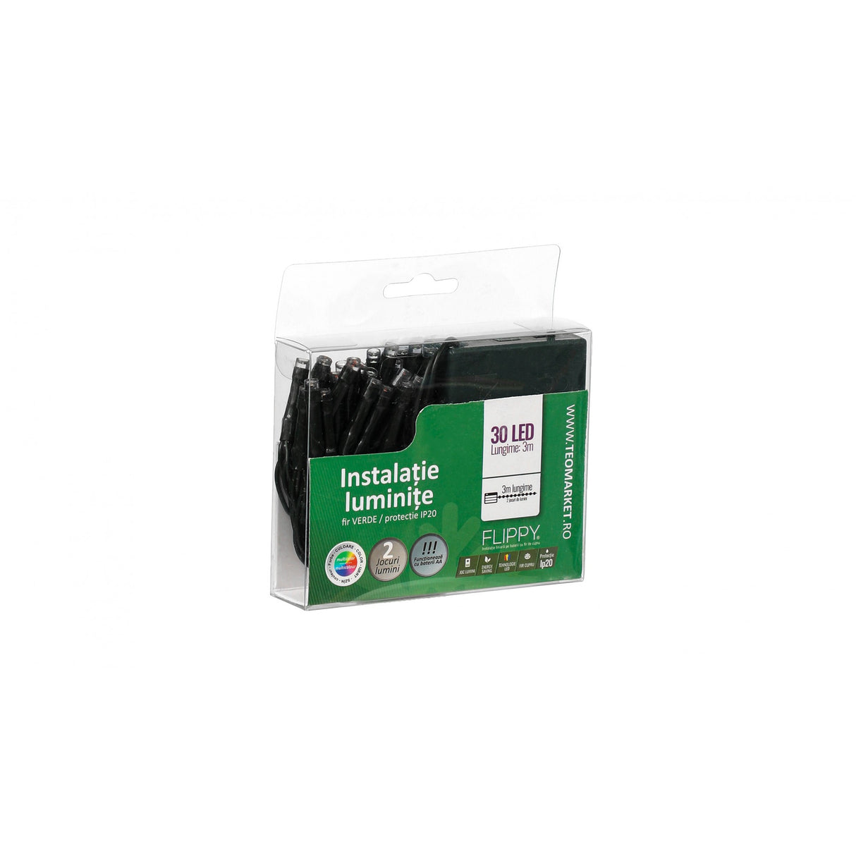 Karácsonyi elemes lineáris típus, 2 fényeffektus, zöld vezeték, 3 m, 30 LED 