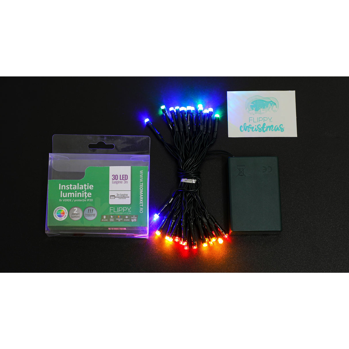 Karácsonyi elemes lineáris típus, 2 fényeffektus, zöld vezeték, 3 m, 30 LED 