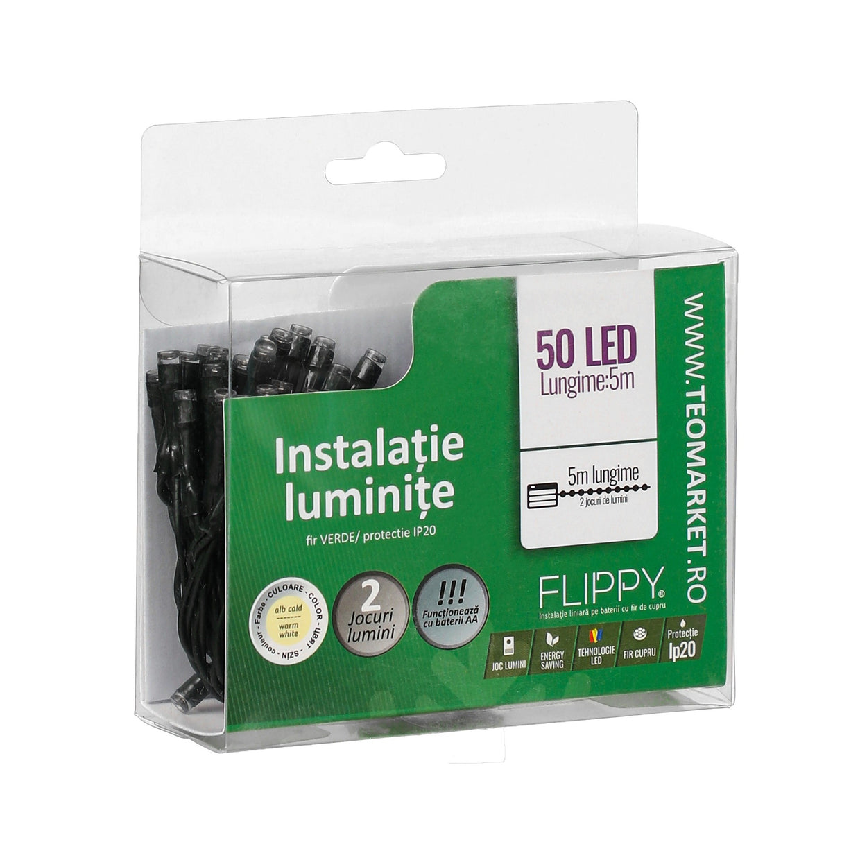 Instalatie De Craciun Cu Baterii Tip Liniar, 2 Jocuri De Lumini, Fir 5 M 50 Led -Uri, Alb Cald