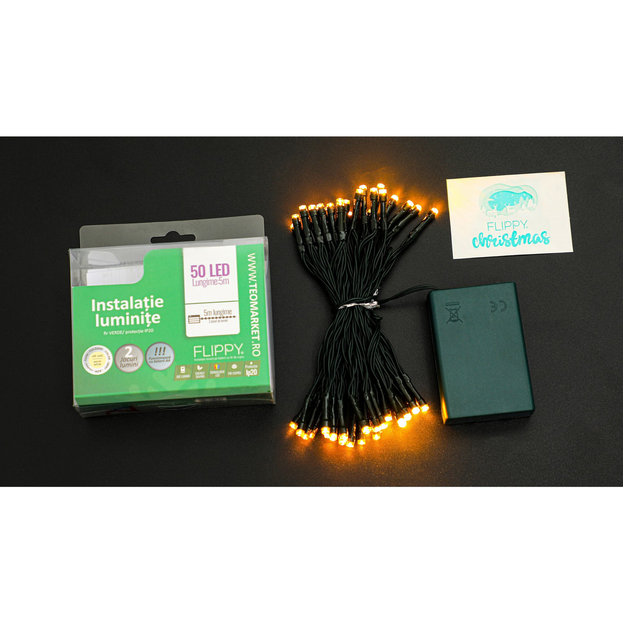 Instalatie De Craciun Cu Baterii Tip Liniar, 2 Jocuri De Lumini, Fir 5 M 50 Led -Uri, Alb Cald