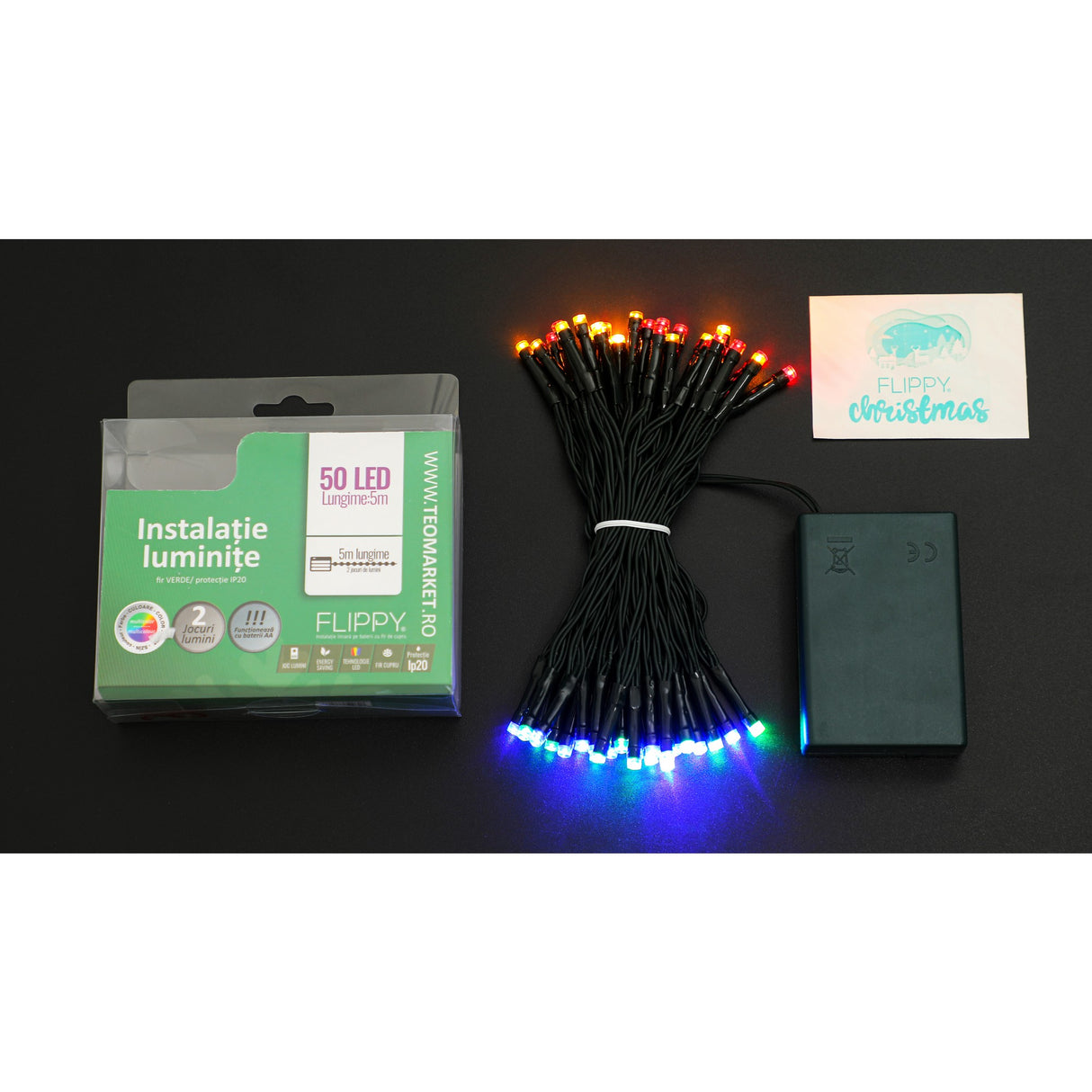 Karácsonyi elemes lineáris típus, 2 fényeffektus, zöld vezeték, 5 m, 50 LED