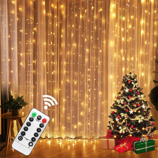 Instalatie de Craciun, Vivimall, Instalatie de Tip Perdea IP44, Alimentare prin Port USB si Telecomanda cu 8 functii, 6m x 3m, 600 LED, Alb Cald - vivimall.ro