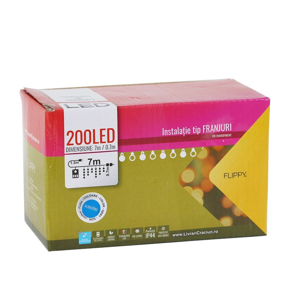 Instalatie de Craciun, Flippy®, Tip Franjuri, 7 m, 200 LED-uri, Interconectabila, Albastru - vivimall.ro