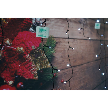 Instalatie de Craciun Vivimall® Tip Franjuri, 8 jocuri de lumini, Sectiune 5 m, 143 LED-uri, Interconectabila, Fir Negru, Alb Rece - vivimall.ro