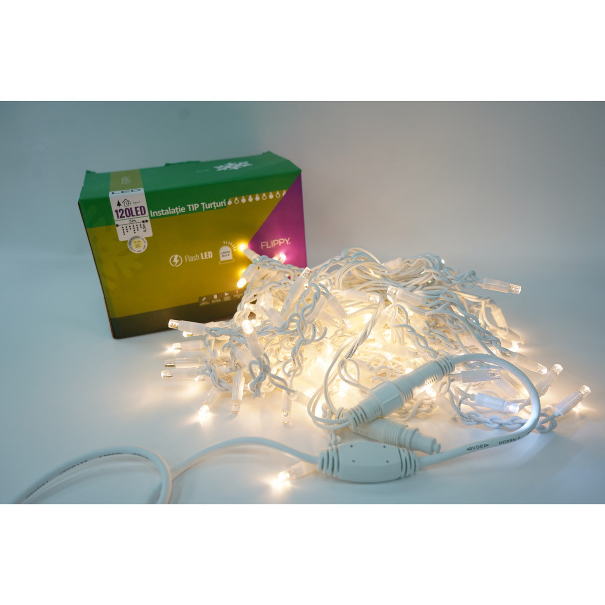 Instalație Crăciun Flippy tip franjuri cu flash, 120 LED-uri alb cald, IP65, secțiune 5 m, vedere frontală