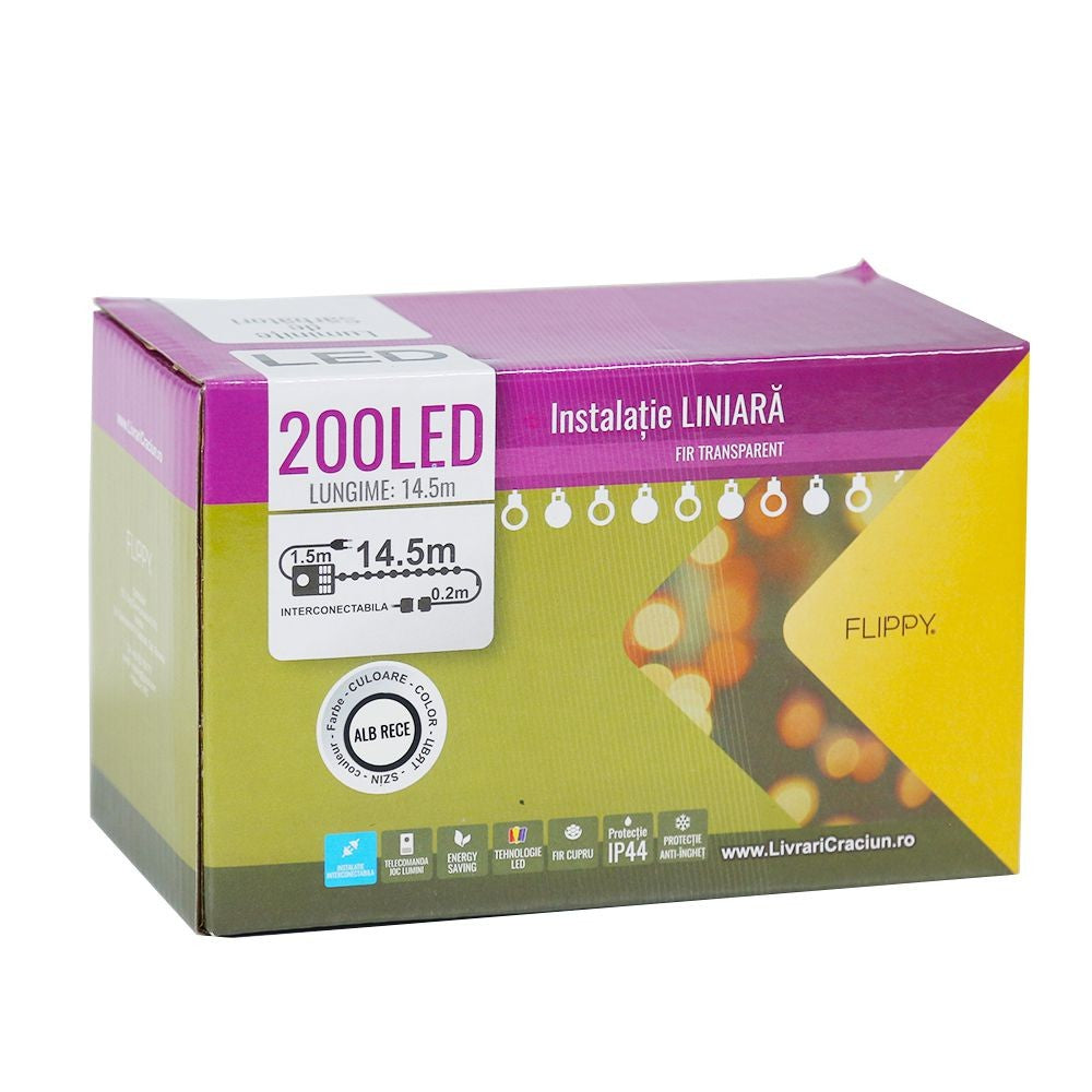 Instalatie de Craciun, Flippy®, Tip Liniara, 14.5 m, 200 LED-uri, Interconectabila, Alb Rece - vivimall.ro