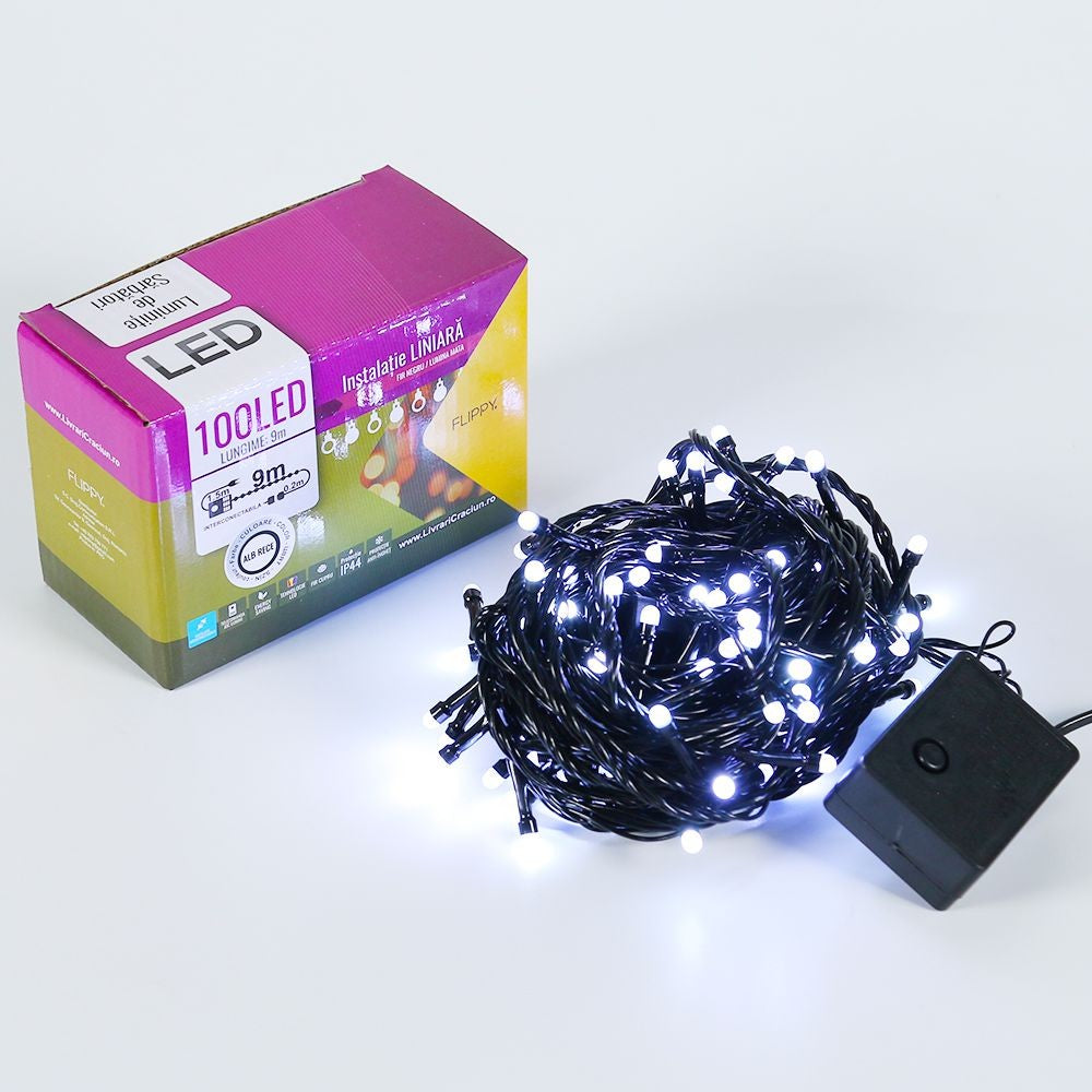 Karácsonyi installáció, Lineáris típus, 9 M, 100 LED, Összekapcsolható, Matt Fény, Hideg