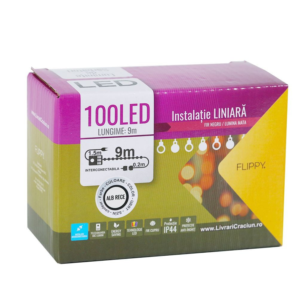 Karácsonyi installáció, Lineáris típus, 9 M, 100 LED, Összekapcsolható, Matt Fény, Hideg