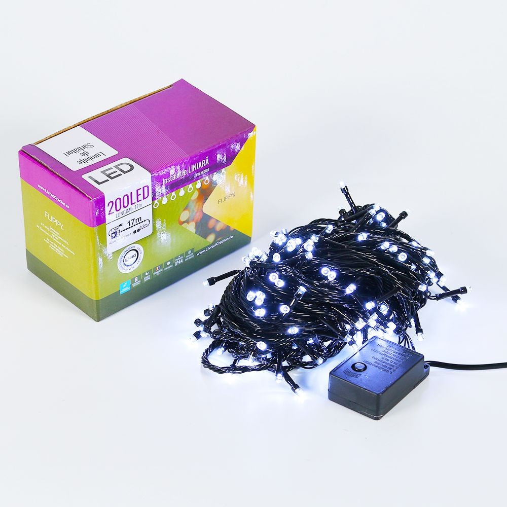 Karácsonyi Lineáris Installáció, Drót, 17 M, 200 LED, Összekapcsolható, Hideg Fehér