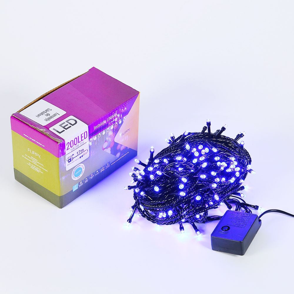 Karácsonyi installáció, lineáris típus, fekete vezeték, 17 m, 200 LED, összekapcsolható