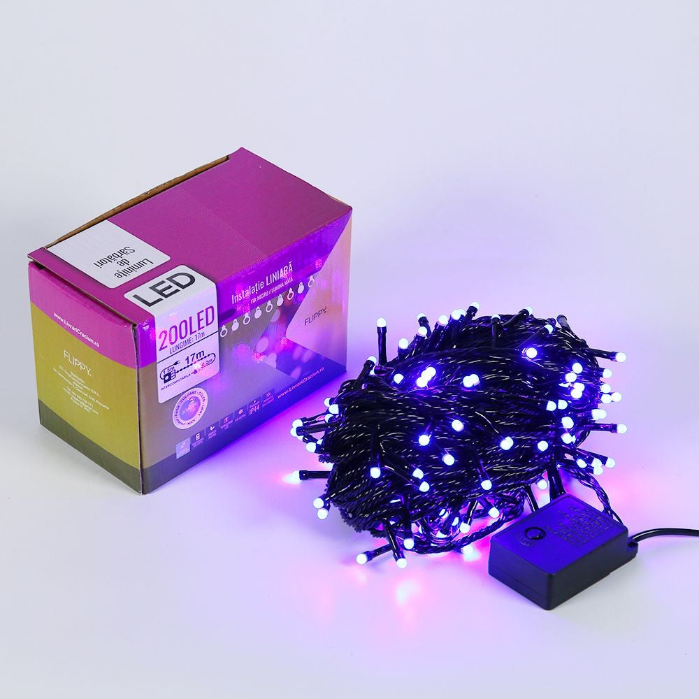 Karácsonyi installáció, lineáris típus, fekete vezeték, 17 m, 200 LED, összekapcsolható