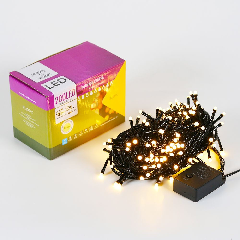 Karácsonyi Lineáris Installáció, Drót, 17 M, 200 Kis Kerek LED, Összekapcsolható, Meleg Fehér