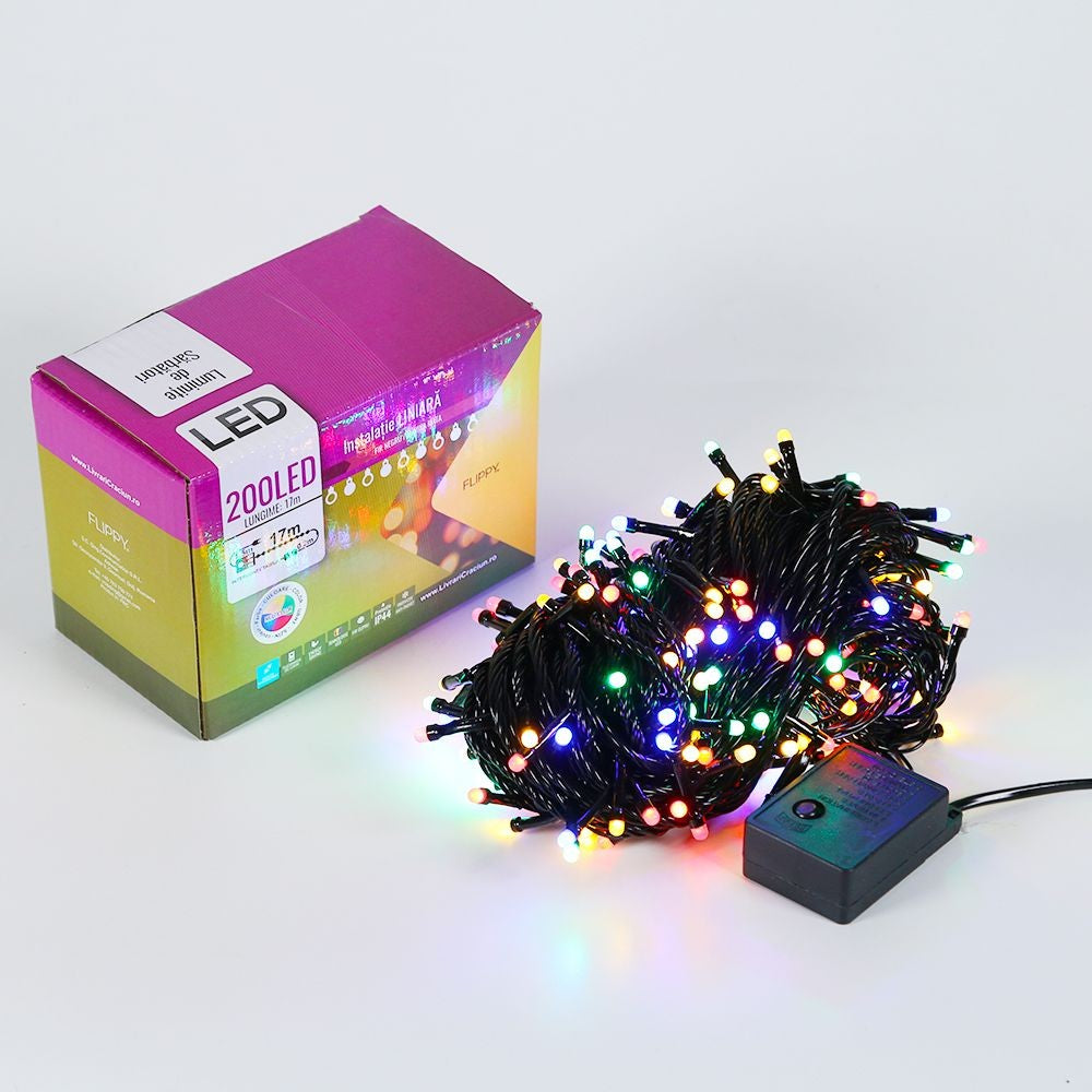 Lineáris karácsonyi fényinstalláció, fekete vezeték, 17 m, 200 kis kerek LED, összekapcsolható