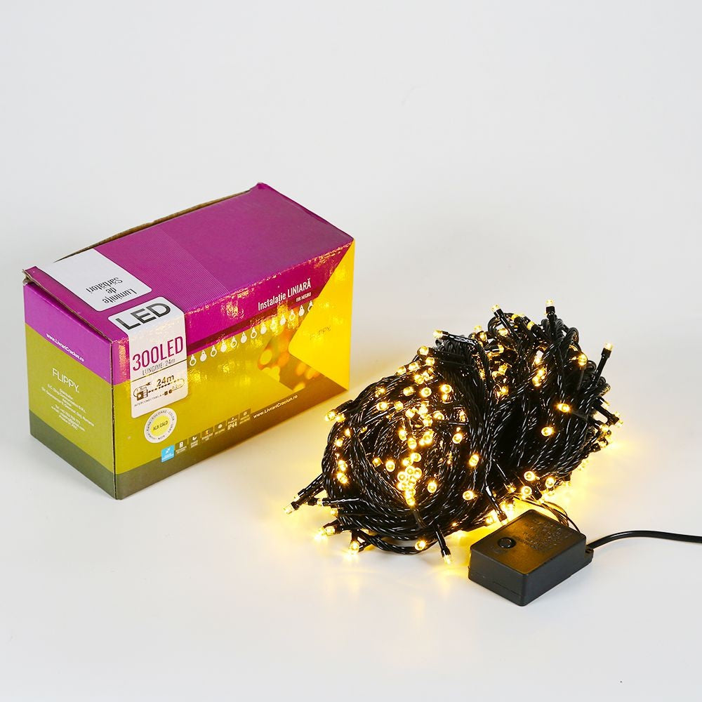 Karácsonyi Lineáris Installáció, Vezeték, 24 M, 300 LED, Összekapcsolható, Meleg Fehér