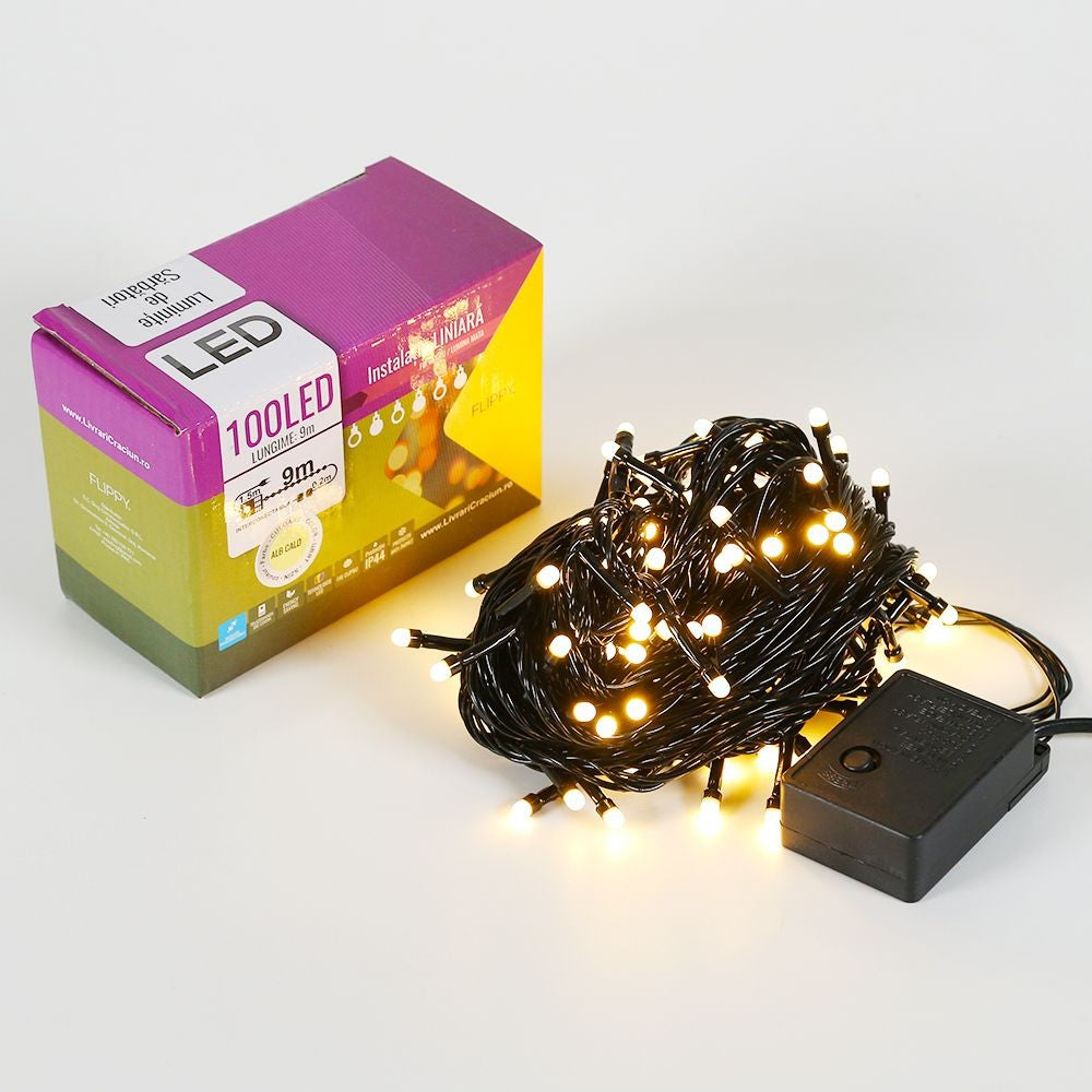 Karácsonyi installáció, Lineáris típus, Vezeték, 9 M, 100 LED, Összekapcsolható, Meleg fehér