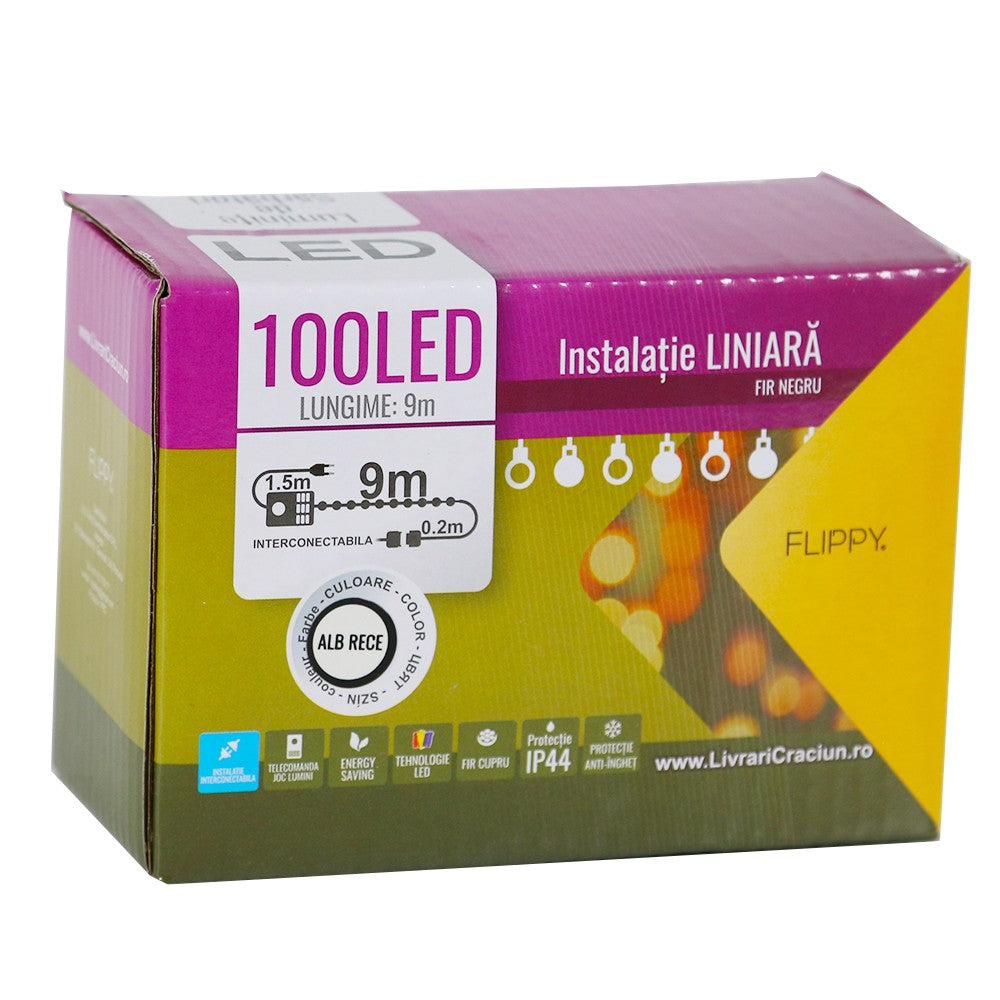 Karácsonyi Lineáris Installáció, Drót, 9 M, 100 LED, Összekapcsolható, Hideg Fehér