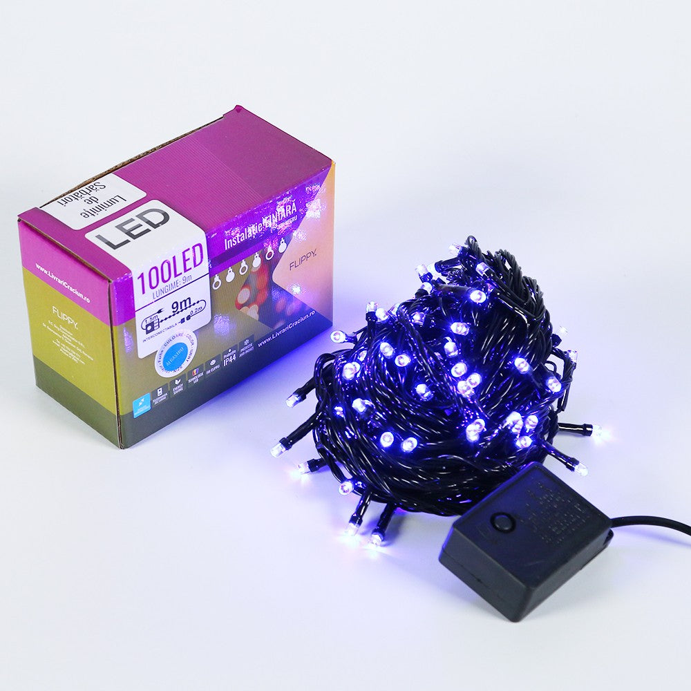Karácsonyi installáció, lineáris típus, fekete vezeték, 9 m, 100 LED, összekapcsolható