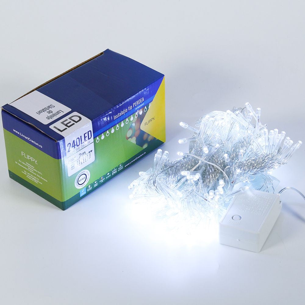 Instalatie de Craciun, Flippy®, Tip Perdea, 2 x 2 m, 240 LED-uri, Interconectabila, Alb Rece - vivimall.ro