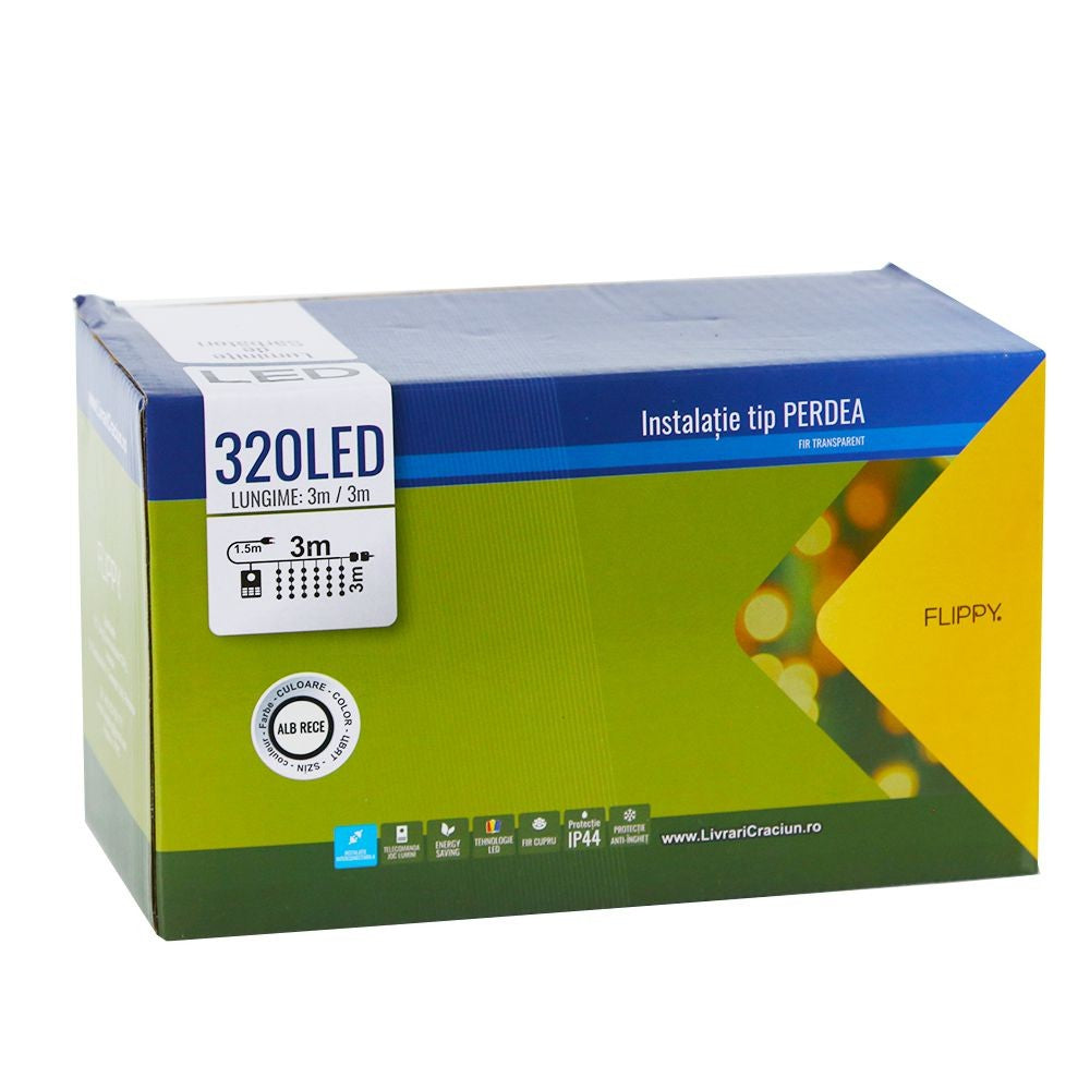Instalatie de Craciun Flippy® Tip Perdea, 3 x 3 m, 320 LED-uri, Interconectabila, Alb Rece - vivimall.ro