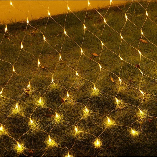 Instalație de Crăciun tip plasă Vivimall 1.5x1.5 m, 120 LED-uri alb cald, vedere frontală iluminată