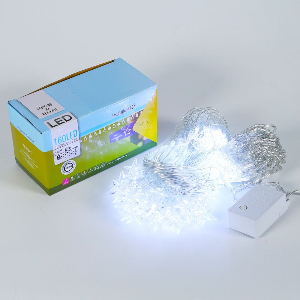 Instalatie de Craciun, Flippy®, Tip Plasa cu Stelute, 6 x 0.5 m, 160 LED-uri, Interconectabila, Alb Rece - vivimall.ro