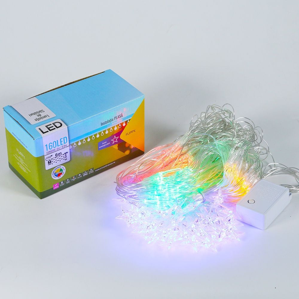 Instalatie de Craciun, Flippy®, Tip Plasa cu Stelute, 6 x 0.5 m, 160 LED-uri, Interconectabila, Multicolor - vivimall.ro