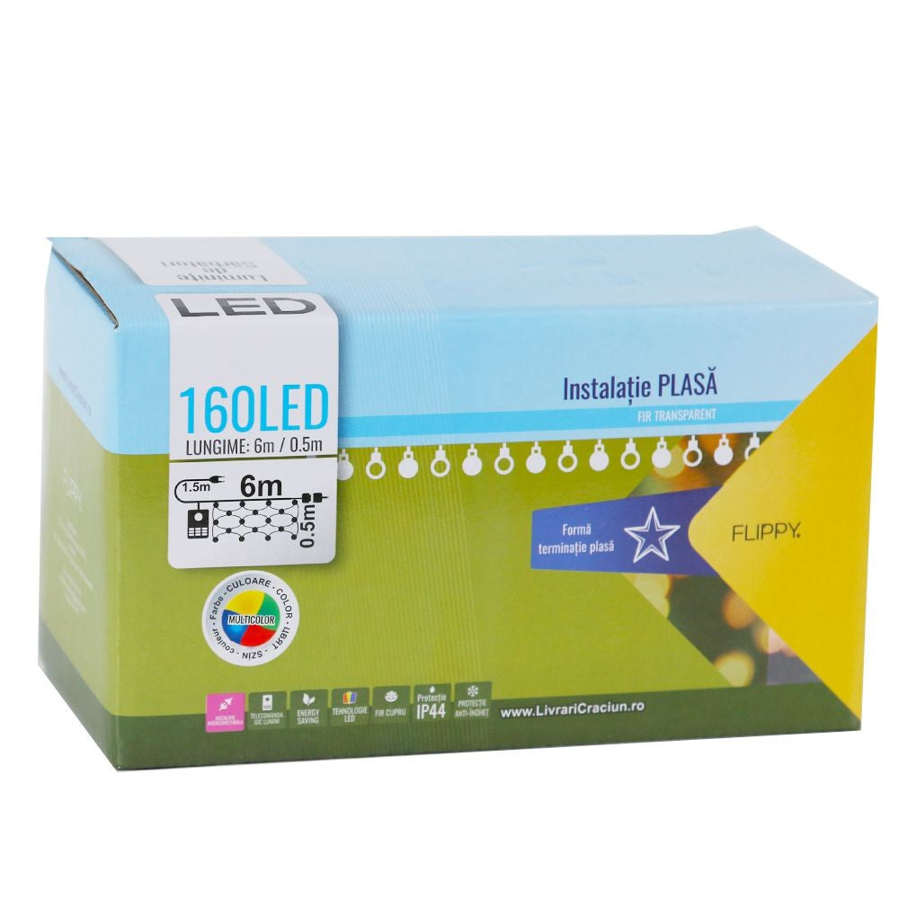 Instalatie de Craciun, Flippy®, Tip Plasa cu Stelute, 6 x 0.5 m, 160 LED-uri, Interconectabila, Multicolor - vivimall.ro