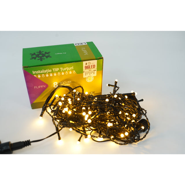Instalatie de Craciun Vivimall® Tip Turturi, 8 jocuri de lumini Sectiune 3 m, 96 LED-uri, Interconectabila, Fir Negru, Alb Cald - vivimall.ro