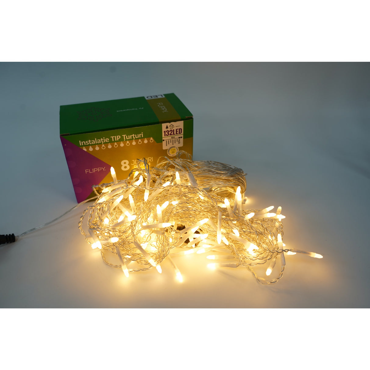 Instalatie de Craciun Vivimall® Tip Turturi, 8 jocuri de lumini Sectiune 4 m, 132 LED-uri, Interconectabila, Fir Transparent, Alb Cald - vivimall.ro