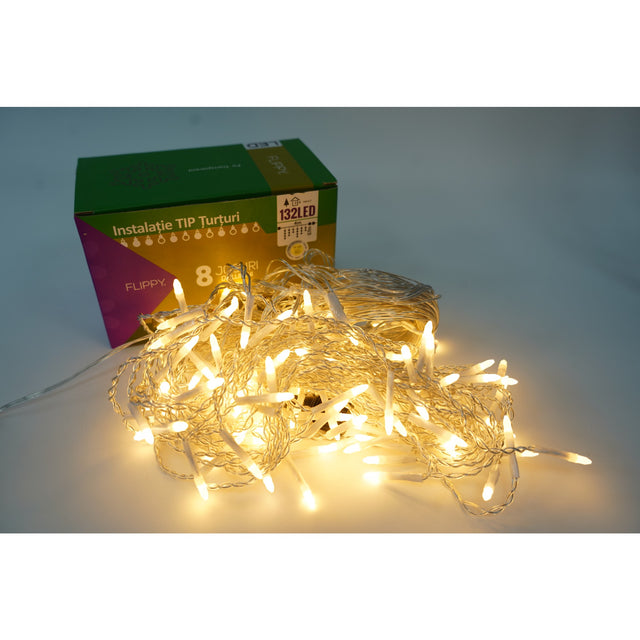 Instalatie de Craciun Vivimall® Tip Turturi, 8 jocuri de lumini Sectiune 4 m, 132 LED-uri, Interconectabila, Fir Transparent, Alb Cald - vivimall.ro
