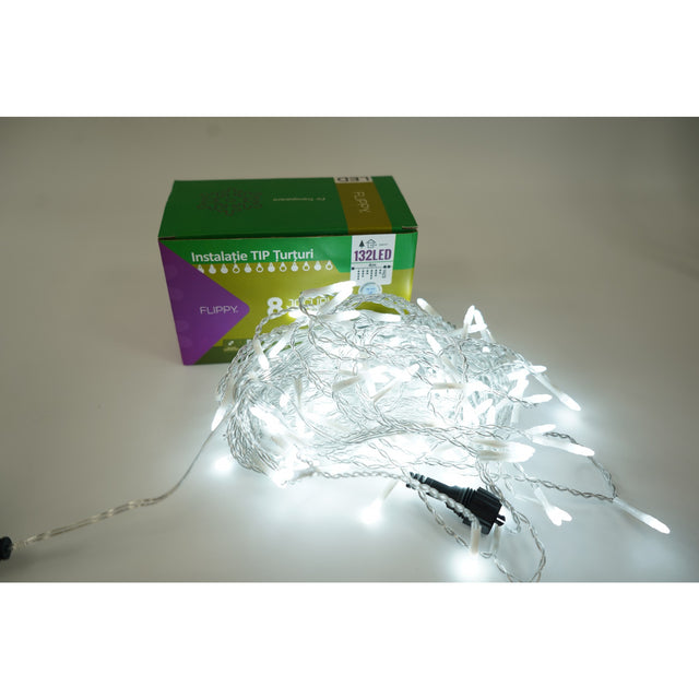 Instalatie de Craciun Vivimall® Tip Turturi, 8 jocuri de lumini Sectiune 4 m, 132 LED-uri, Interconectabila, Fir Transparent, Alb Rece - vivimall.ro