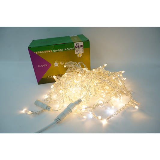 Instalatie de Craciun Vivimall® Tip Turturi, Franjuri cu Flash, IP65, Sectiune 5 m, 120 LED-uri, Interconectabila, Fir Transparent, Alb Cald, Interior/Exterior - vivimall.ro
