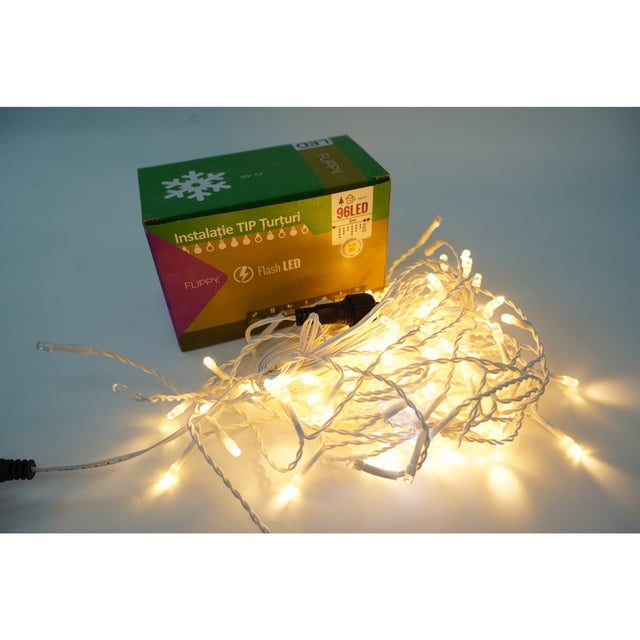 Instalație Crăciun Flippy tip turturi 96 LED-uri alb cald, secțiune 3 m, fir alb, vedere de ansamblu
