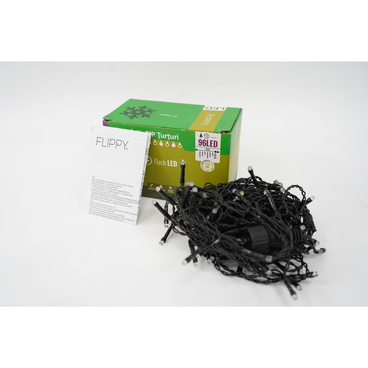 Instalație Crăciun Flippy tip țurțuri cu flash, 96 LED-uri alb cald, secțiune 3 m, fir negru, vedere frontală