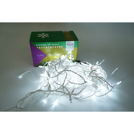 Instalație Crăciun Flippy® tip turturi cu 132 LED-uri alb rece, secțiune 4 m, fir alb, vedere frontală