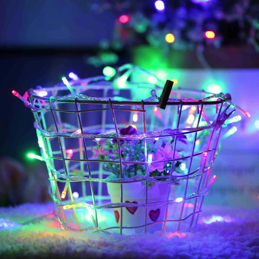 Instalatie de Craciun, Liniara, 1 m, Baterii, 10 LED-uri, Multicolor, 2 Jocuri de Lumini, Fir Transparent, Interior/Exterior, Vivimall - vivimall.ro