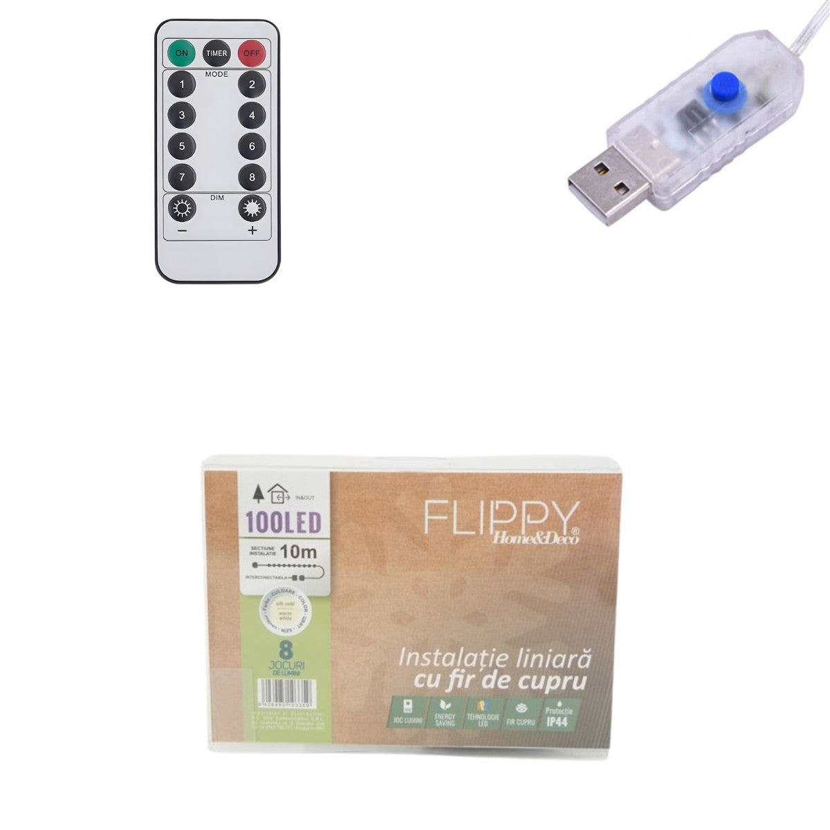 Instalatie de Craciun Liniara, Vivimall®, Tip Liniara, Fir Cupru, 8 Jocuri de Lumini, cu Telecomanda, 10 m, 100 Led-uri, Alimentare USB, 4.5V, Alb Cald