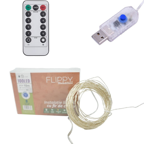 Instalatie de Craciun Liniara, Vivimall®, Tip Liniara, Fir Cupru, 8 Jocuri de Lumini, cu Telecomanda, 10 m, 100 Led-uri, Alimentare USB, 4.5V, Albastru