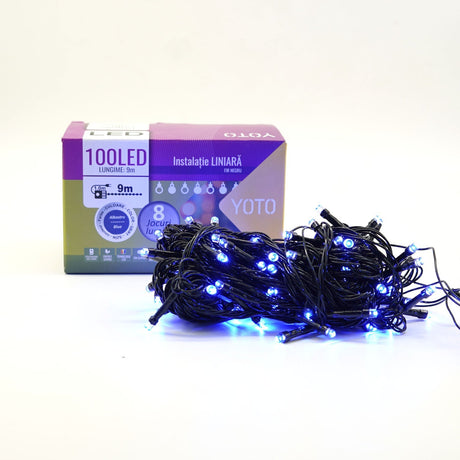Instalatie de Craciun liniara Yoto, 10 m, din care 1 m cablu priza 220V, 100 LED, 8 jocuri de lumini, controler, fir negru, albastru - vivimall.ro