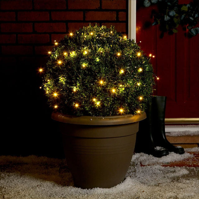 Instalatie de Craciun liniara Yoto, 10 m, din care 1 m cablu priza 220V, 100 LED, 8 jocuri de lumini, controler, fir negru, alb cald - vivimall.ro