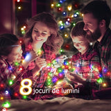 Instalatie de Craciun liniara Yoto, 17 m, din care 1 m cablu priza 220V, 200 LED, 8 jocuri de lumini, beculet in 6 colturi, pentru interior, controler, fir negru, multicolor - vivimall.ro
