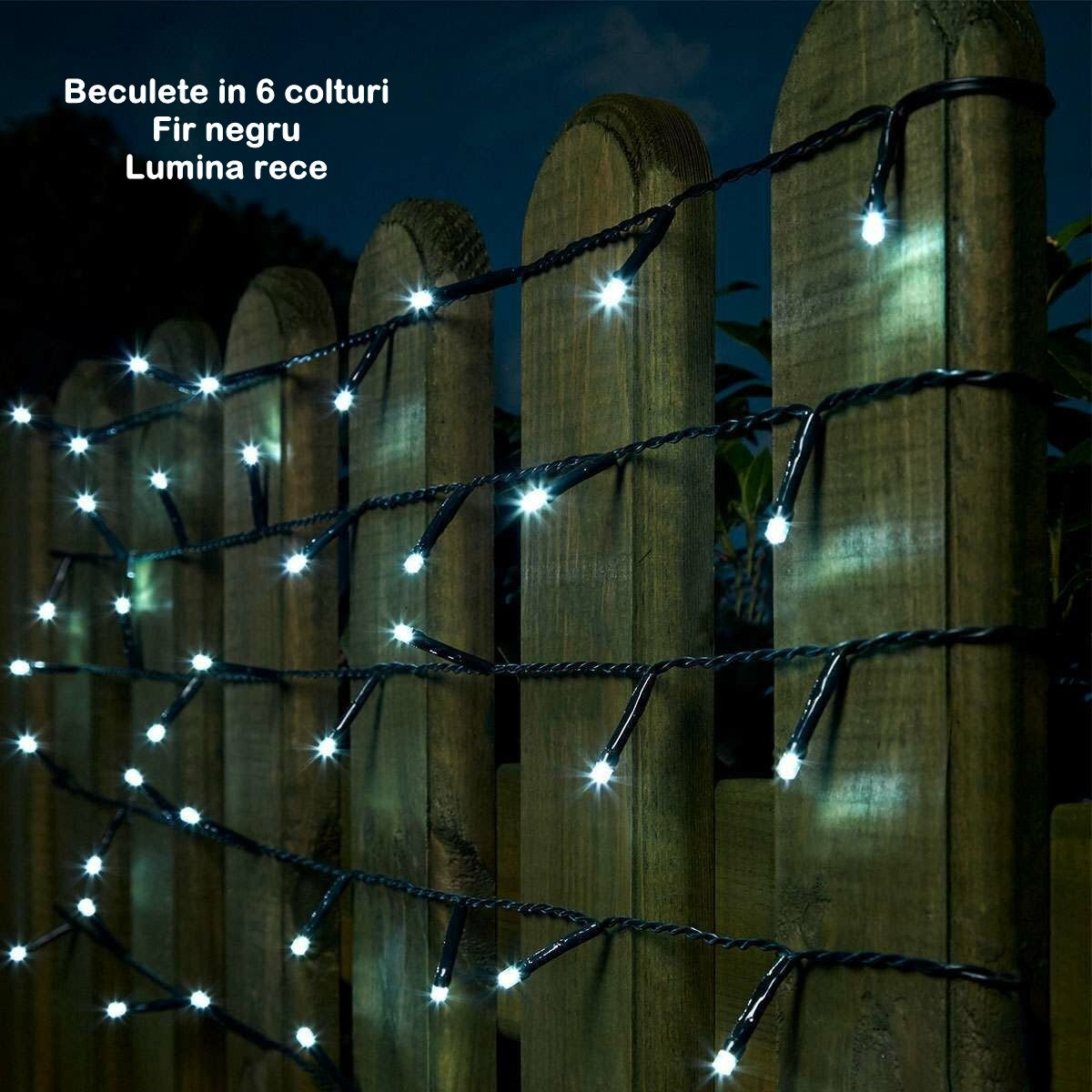 Instalatie de Craciun liniara Yoto, 17 m, din care 1 m cablu priza 220V, 200 LED, 8 jocuri de lumini, beculet in 6 colturi, pentru interior, controler, fir negru, alb rece - vivimall.ro