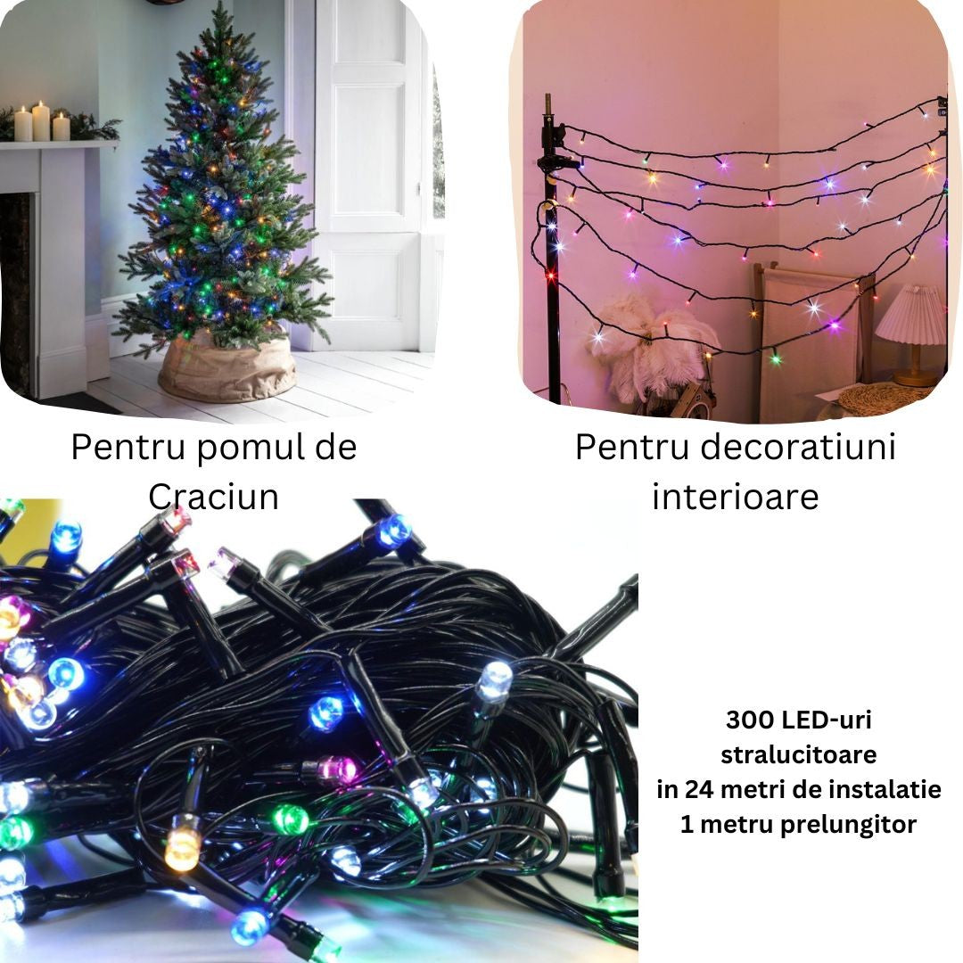 Instalatie de Craciun liniara Yoto, 24 m, din care 1 m cablu priza 220V, 300 LED, 8 jocuri de lumini, controler, fir negru, multicolor - vivimall.ro