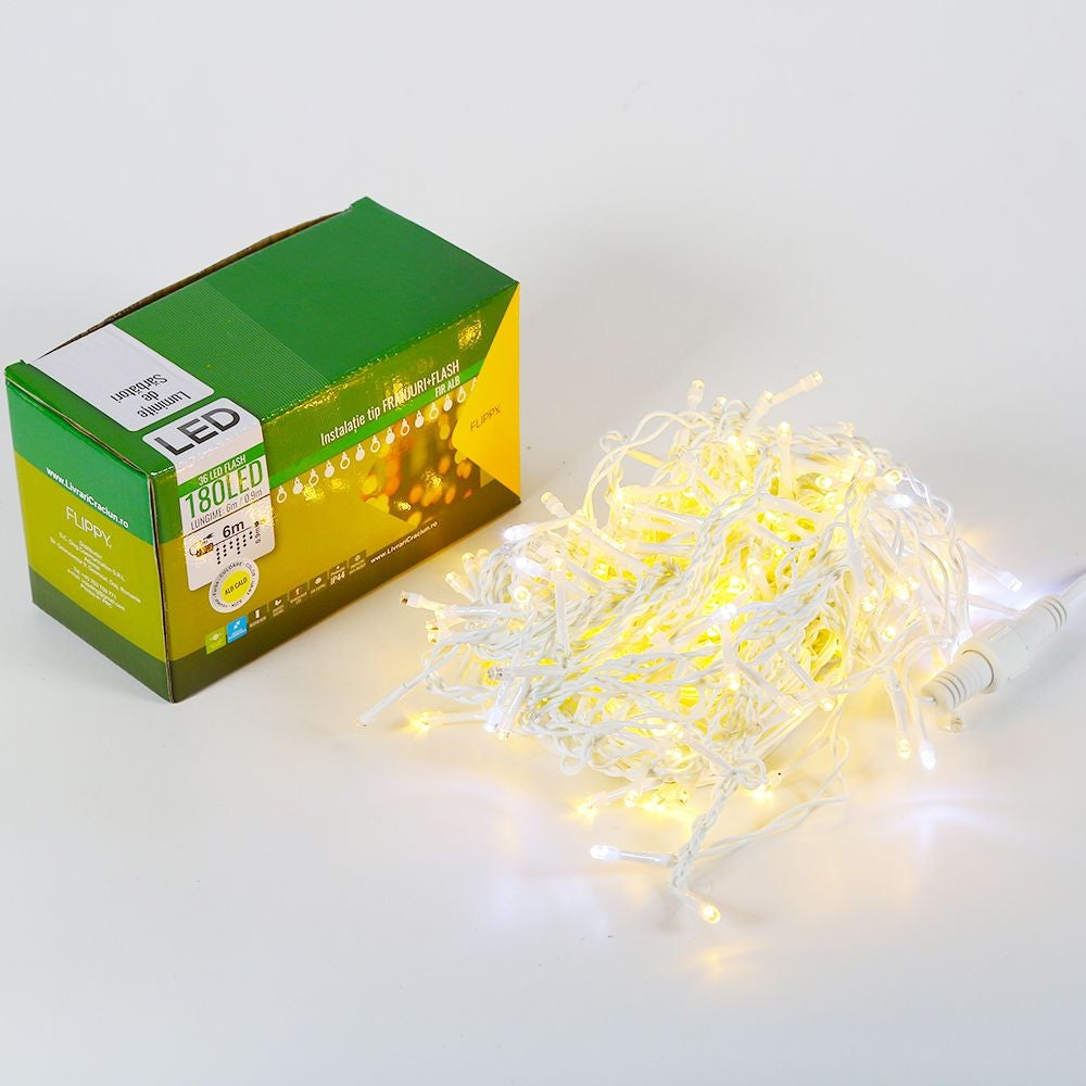 Instalatie de Craciun, Premium Flippy®, Tip Franjuri cu Flash, 6 m, 180 LED-uri, Alb Cald, Interconectabila - vivimall.ro