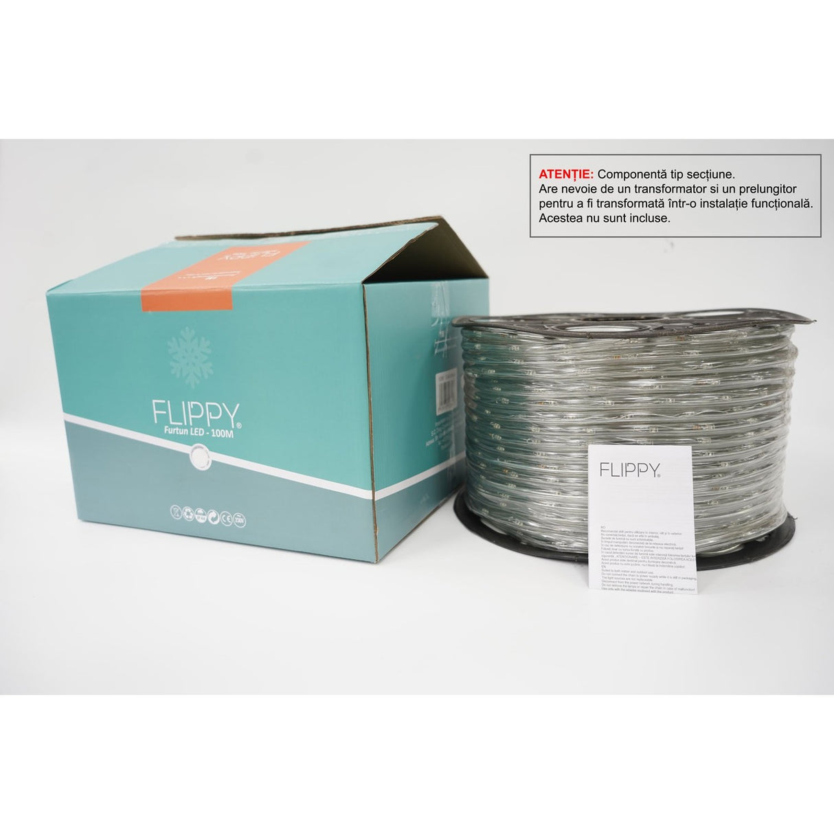 Etichetă tehnică instalație Flippy IP44, specificații consum 660W, lungime 100 metri